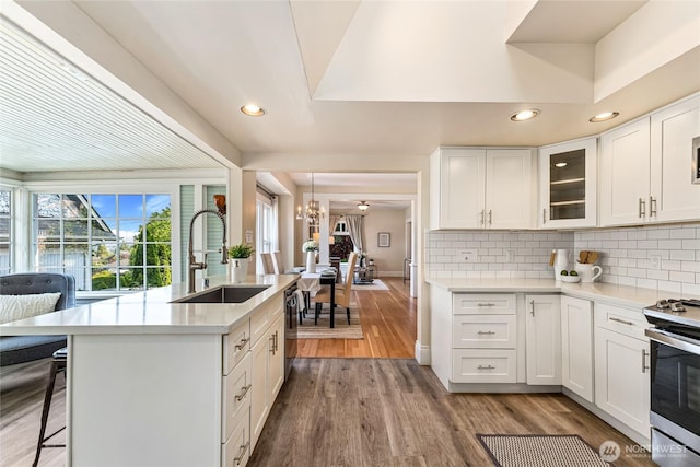 746 N 89th St, Seattle, WA 98103 - kitchen featuring a sink, stainless steel range with gas stovetop, wood finished floors, light countertops, and recessed lighting