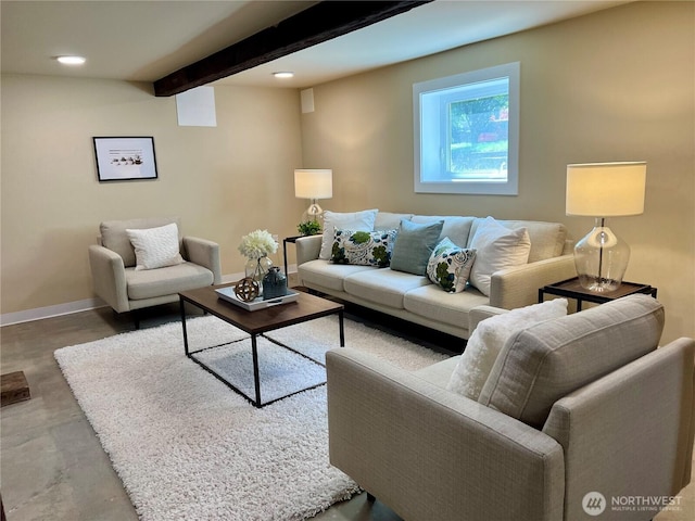 746 N 89th St, Seattle, WA 98103 - living area with concrete floors, baseboards, beam ceiling, and recessed lighting