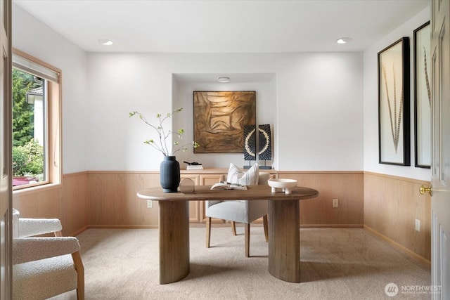 4102 205th Ave SE, Sammamish, WA 98075 - office with a wainscoted wall, plenty of natural light, wood walls, light colored carpet, and recessed lighting