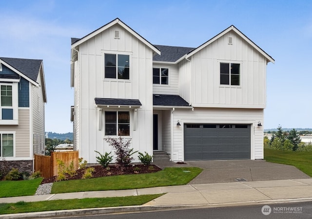 20307 145th St E Unit 860, Bonney Lake, WA 98391 - modern farmhouse style home with board and batten siding, driveway, a garage, and fence