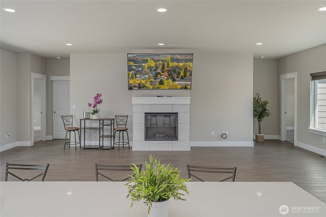 28 S Millbrook, East Wenatchee, WA 98802 - living area with wood finished floors, recessed lighting, baseboards, and a tile fireplace