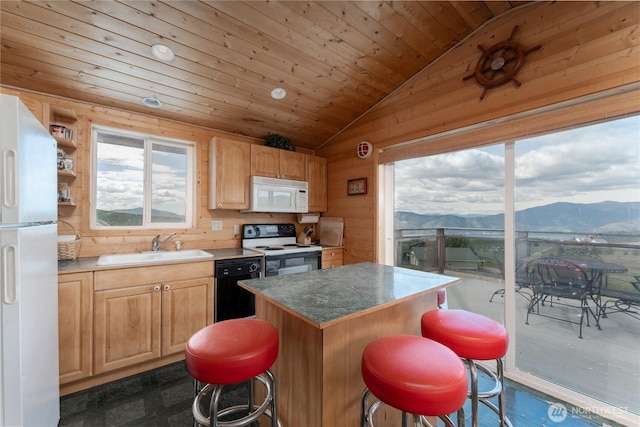 645 Chelan Trails Rd, Chelan, WA 98816 - kitchen featuring white appliances, a mountain view, a sink, vaulted ceiling, and wood walls