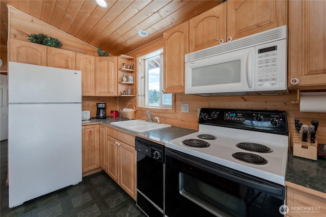 645 Chelan Trails Rd, Chelan, WA 98816 - kitchen featuring white appliances, a sink, vaulted ceiling, dark flooring, and light brown cabinetry