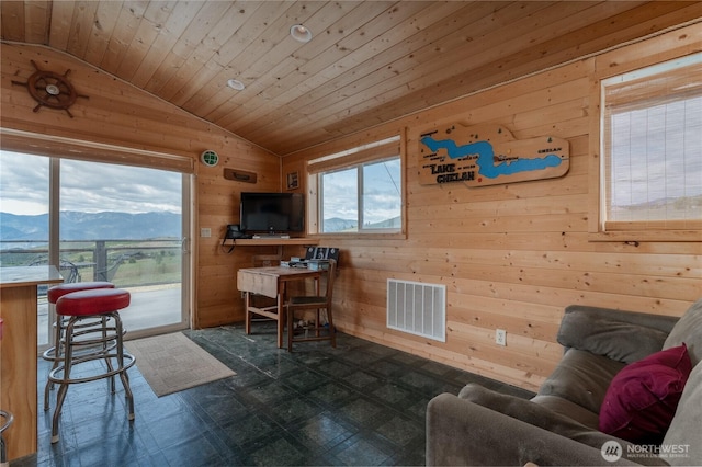 645 Chelan Trails Rd, Chelan, WA 98816 - living area with lofted ceiling, a mountain view, wooden walls, wood ceiling, and dark floors