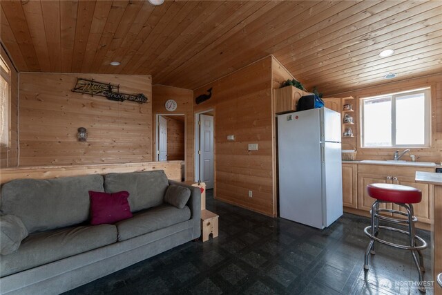 645 Chelan Trails Rd, Chelan, WA 98816 - living room with vaulted ceiling, wooden walls, wooden ceiling, and dark flooring