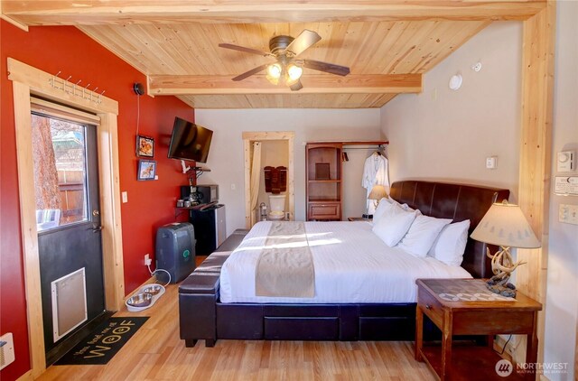 115 Johnson St N Unit 1, 2, 3, Twisp, WA 98856 - bedroom featuring beamed ceiling, wood finished floors, wood ceiling, and a ceiling fan