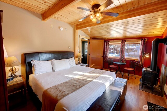 115 Johnson St N Unit 1, 2, 3, Twisp, WA 98856 - bedroom with wooden ceiling, wood-type flooring, a wood stove, and a ceiling fan