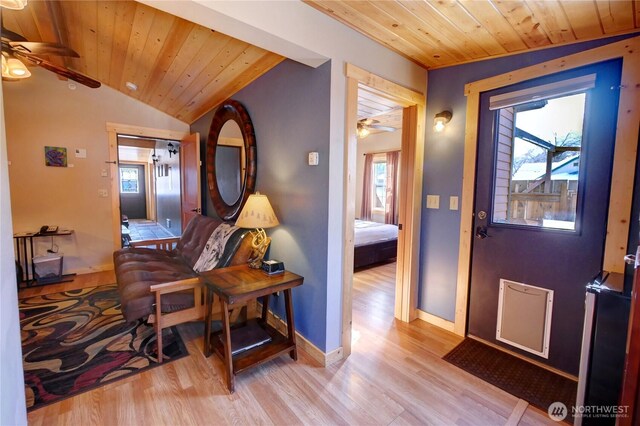 115 Johnson St N Unit 1, 2, 3, Twisp, WA 98856 - foyer featuring ceiling fan, wood ceiling, wood finished floors, lofted ceiling, and baseboards