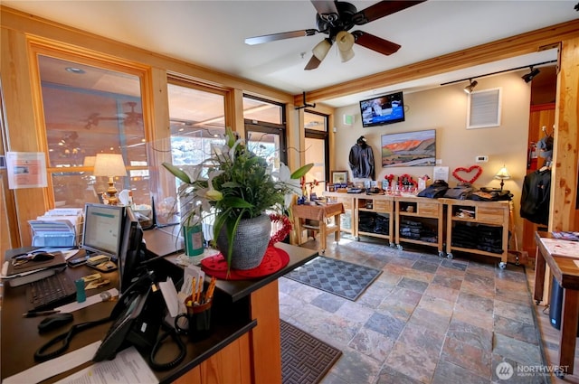115 Johnson St N Unit 1, 2, 3, Twisp, WA 98856 - office area featuring stone finish floors and ceiling fan
