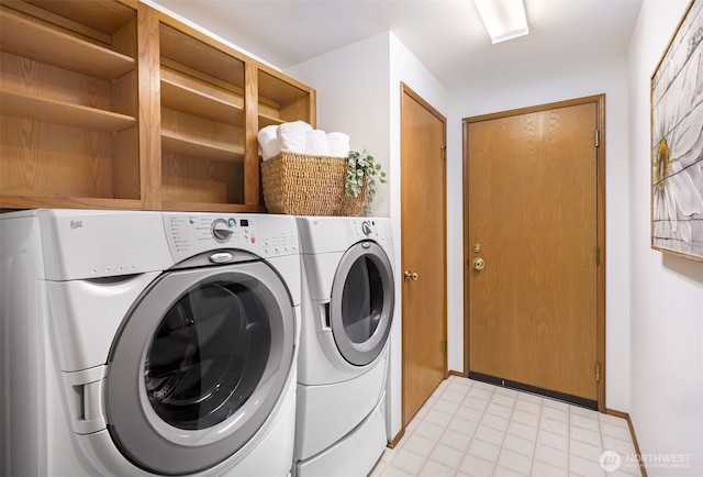 14431 Cascade Dr SE, Snohomish, WA 98296 - laundry area featuring washer and dryer, baseboards, and light tile patterned flooring