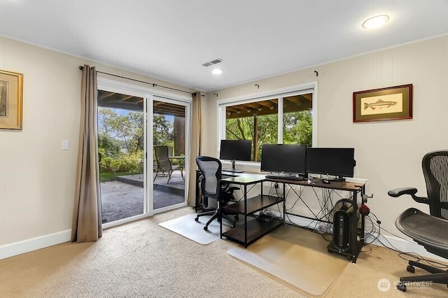 home office with plenty of natural light, baseboards, carpet floors, ornamental molding, and recessed lighting