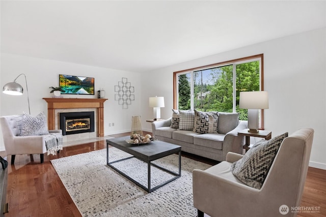 living room with a fireplace, wood finished floors, and baseboards