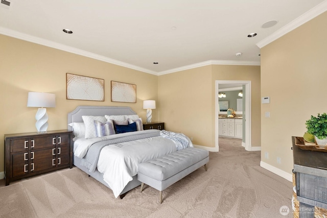bedroom featuring light carpet, baseboards, and ornamental molding