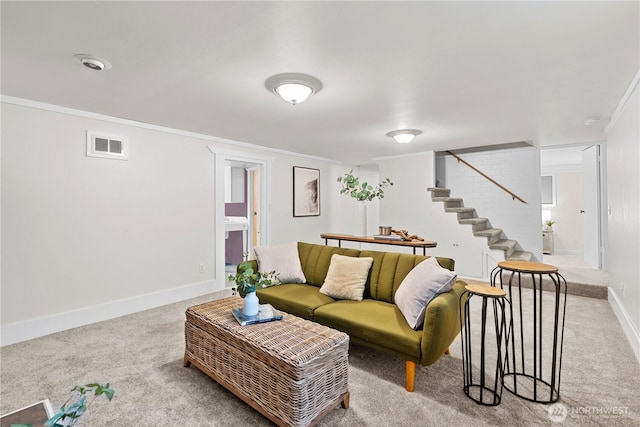 1510 N Mason Ave, Tacoma, WA 98406 - living room with carpet, stairway, baseboards, and ornamental molding