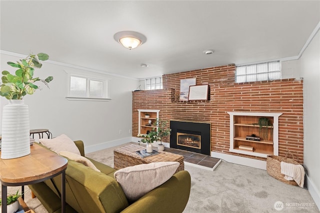 1510 N Mason Ave, Tacoma, WA 98406 - carpeted living area featuring ornamental molding, a tile fireplace, and baseboards