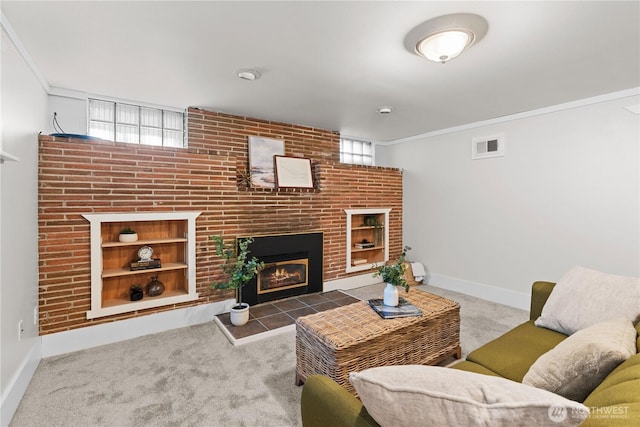 1510 N Mason Ave, Tacoma, WA 98406 - living room with carpet, baseboards, a tile fireplace, and ornamental molding