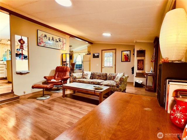 4507 Whiteman Rd SW, Longbranch, WA 98351 - living area with wood finished floors, ornamental molding, and lofted ceiling