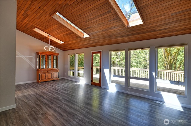 unfurnished living room with a skylight, lofted ceiling, baseboards, wood ceiling, and dark wood-type flooring