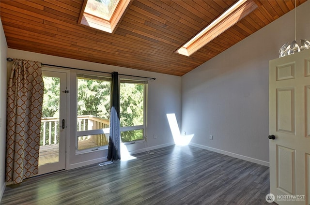 unfurnished room featuring a skylight, lofted ceiling, wooden ceiling, dark wood finished floors, and baseboards