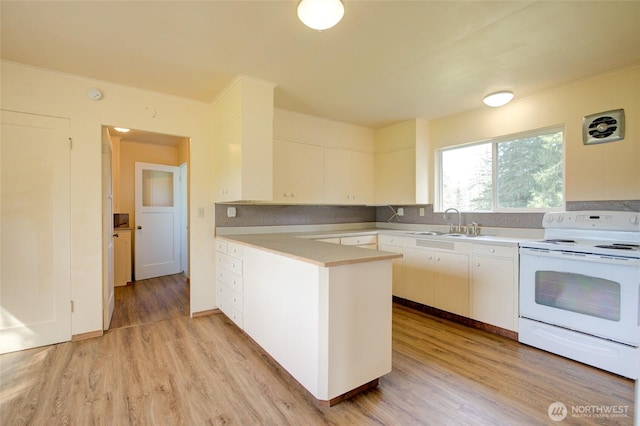 kitchen featuring electric stove, a sink, light wood-style floors, and a peninsula