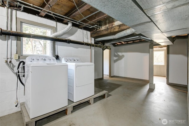below grade area with washer and dryer and concrete block wall