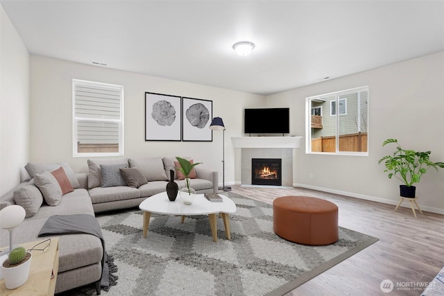 14123 67th Ave E, Puyallup, WA 98373 - living room featuring wood finished floors, a tiled fireplace, and baseboards