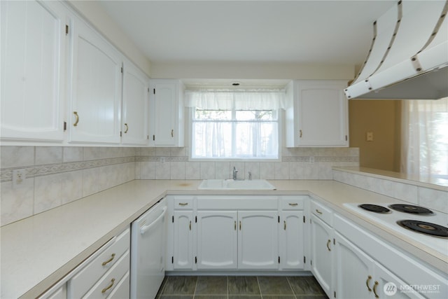 3579 NW Dodson Rd, Ephrata, WA 98823 - kitchen featuring exhaust hood, white appliances, a sink, and white cabinetry