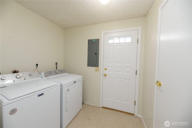 3579 NW Dodson Rd, Ephrata, WA 98823 - laundry area with electric panel, light floors, washer and clothes dryer, a textured ceiling, and baseboards
