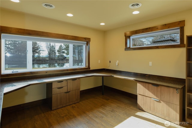3579 NW Dodson Rd, Ephrata, WA 98823 - unfurnished office featuring built in desk, dark wood-style floors, and recessed lighting