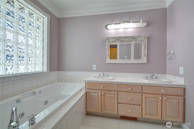 18423 Hawksview Dr, Arlington, WA 98223 - bathroom featuring a tub with jets, double vanity, ornamental molding, and tile patterned flooring