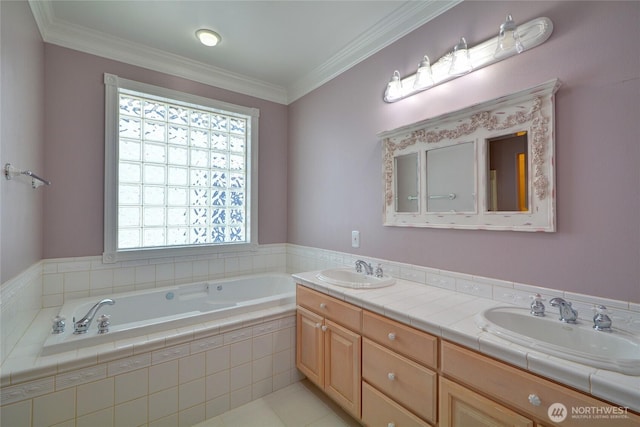 18423 Hawksview Dr, Arlington, WA 98223 - bathroom featuring double vanity, a bath, crown molding, and tile patterned floors