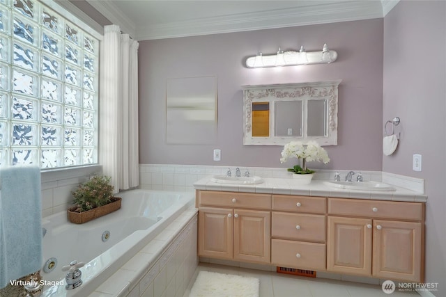 18423 Hawksview Dr, Arlington, WA 98223 - full bathroom with a tub with jets, double vanity, ornamental molding, and tile patterned flooring