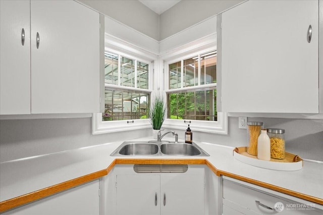 kitchen featuring a sink, light countertops, and white cabinets