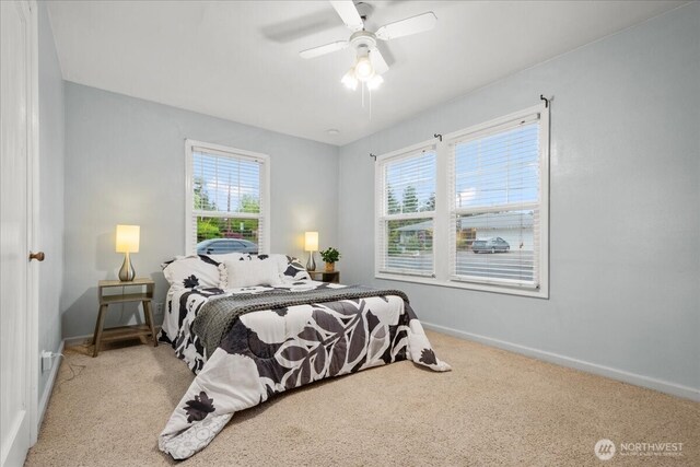 bedroom featuring carpet flooring, baseboards, and multiple windows