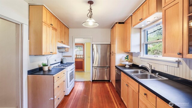 10735 Whitman Ave N, Seattle, WA 98133 - kitchen with stainless steel appliances, a sink, under cabinet range hood, dark countertops, and dark wood-type flooring