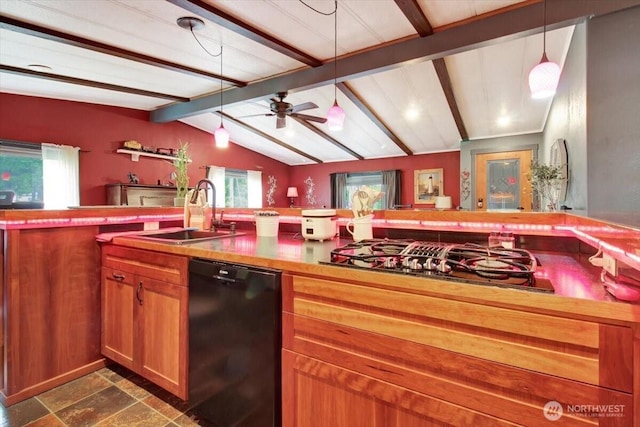 kitchen featuring a sink, dishwasher, gas stovetop, stone tile floors, and brown cabinets