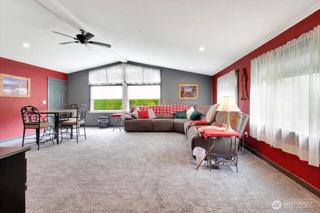 carpeted living area featuring vaulted ceiling, a ceiling fan, baseboards, and recessed lighting