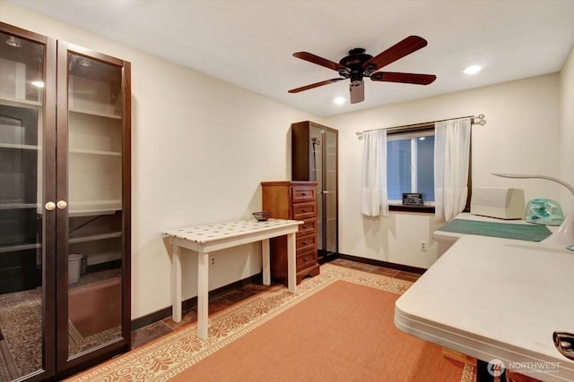 office area with ceiling fan, recessed lighting, and baseboards