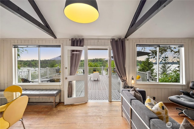 living room featuring hardwood / wood-style flooring, healthy amount of natural light, and wooden walls