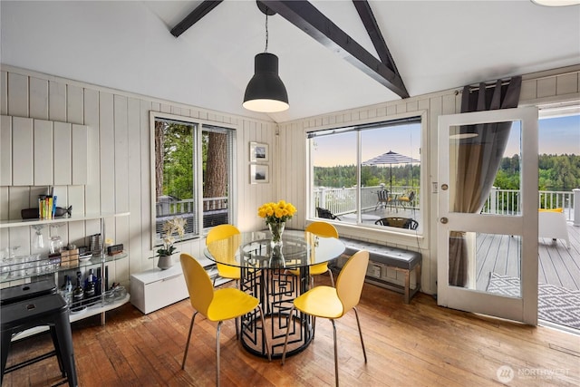 dining room with hardwood / wood-style floors, plenty of natural light, and wood walls