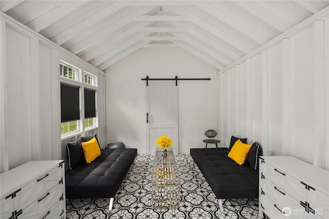 living room featuring a barn door
