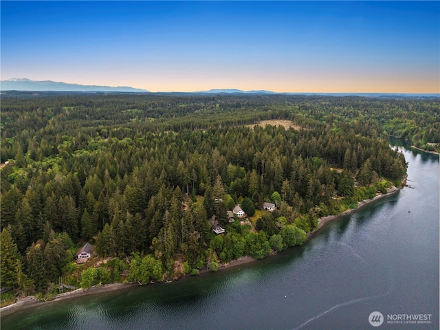 aerial view of a heavily wooded area and a water and mountain view