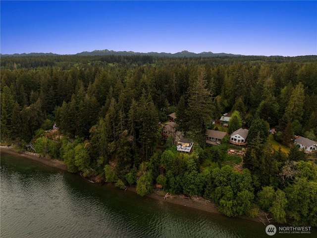 aerial view of property's location with a heavily wooded area and a water and mountain view