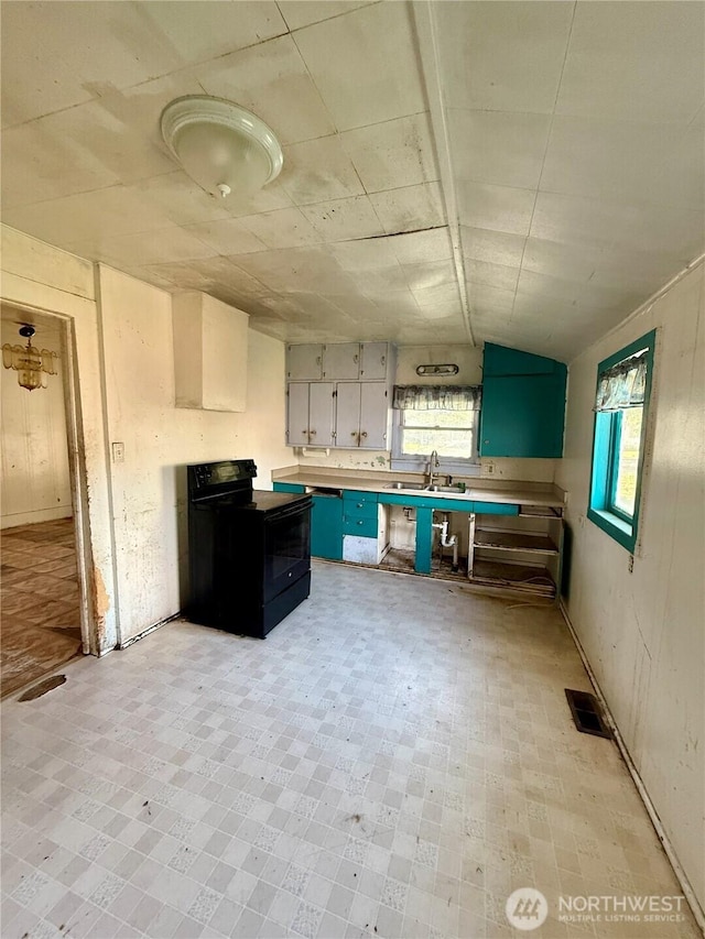 212 N 4th St, Dayton, WA 99328 - kitchen with black electric range oven, healthy amount of natural light, a sink, and light countertops