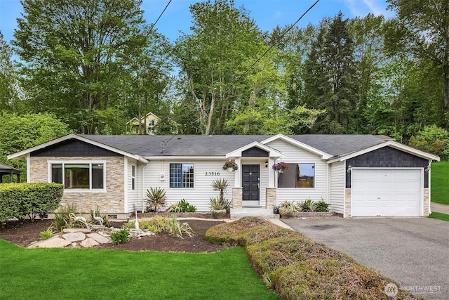 23516 20th Ave W, Bothell, WA 98021 - ranch-style home with stone siding, driveway, an attached garage, and a front yard