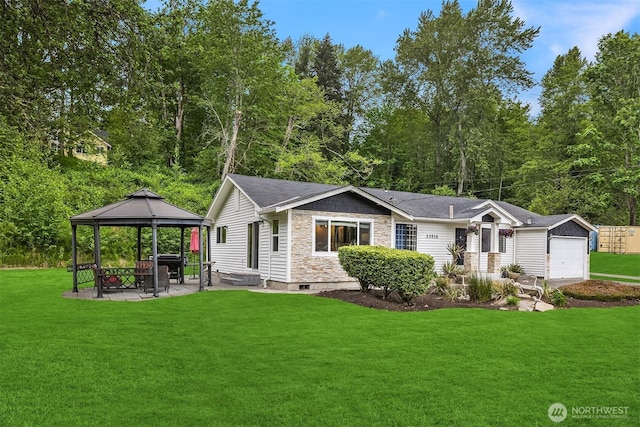 23516 20th Ave W, Bothell, WA 98021 - view of front of home with a gazebo, stone siding, a front yard, and a patio area