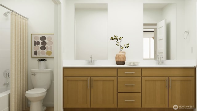 13931 179th Street Ct E, Puyallup, WA 98374 - bathroom with toilet, double vanity, and shower / bathtub combination with curtain