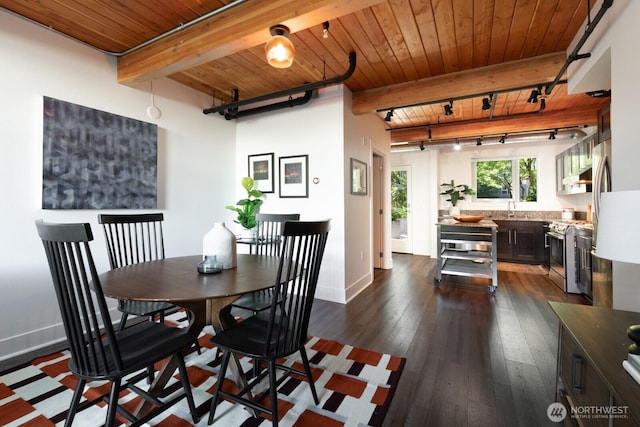 530 Broadway E Unit 124, Seattle, WA 98102 - dining room featuring wooden ceiling with exposed beams, rail lighting, dark wood-style floors, and baseboards