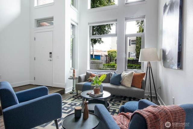 530 Broadway E Unit 124, Seattle, WA 98102 - living area with wood finished floors, a towering ceiling, and baseboards