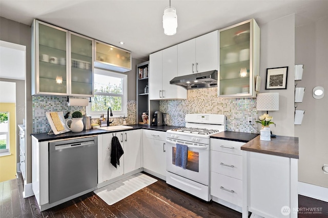 6311 46th Ave SW, Seattle, WA 98136 - kitchen featuring stainless steel dishwasher, white gas stove, under cabinet range hood, a sink, and dark countertops